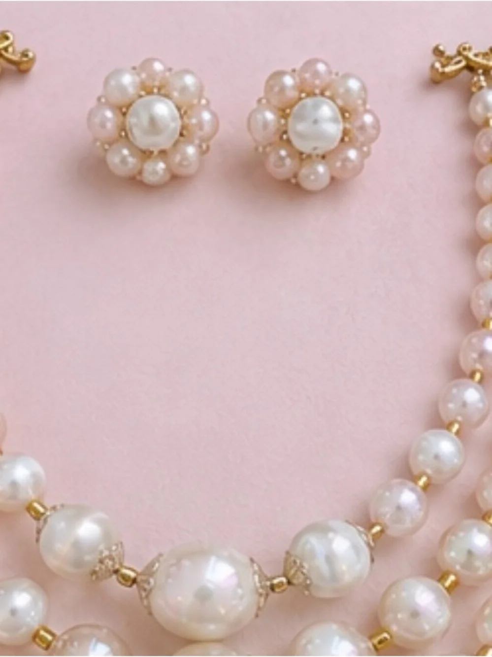 Vintage Japan 3 Strand Faux & Satin Glass Necklace Set w/ Matching Clip Earrings - Picture 5 of 8